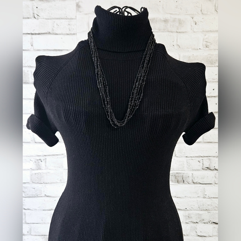 Vintage Style Multi-Strand Black Glass Seed Bead Necklace Gold Tone Ends